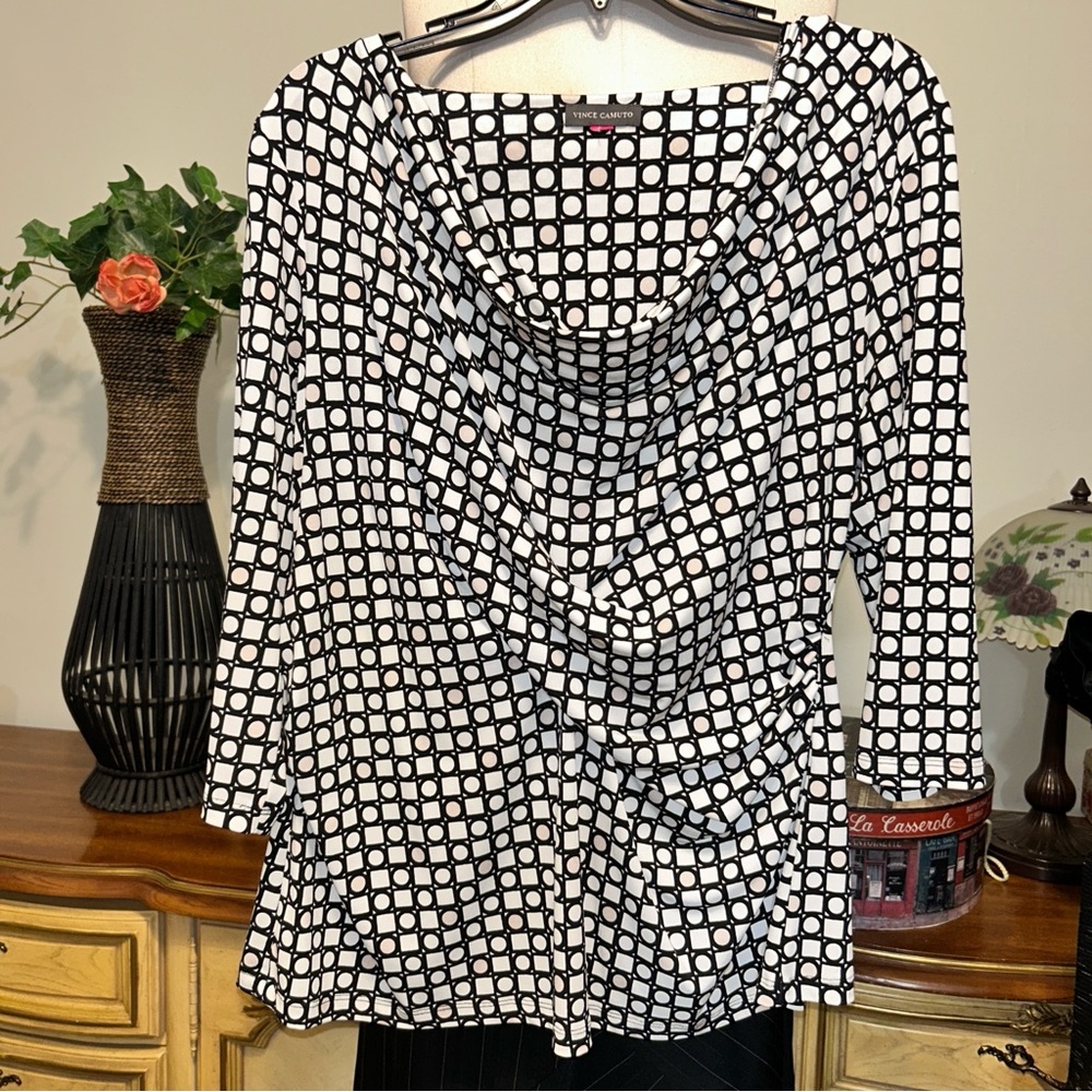 Vince Camuto Black Tan & White Geometric Draped Front Blouse